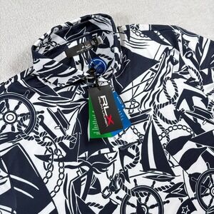 RLX Ralph‎ Lauren Polo Shirt Mens Medium White Navy All Over Print Performance